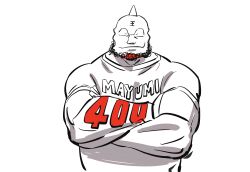 Rule 34 | 1boy, absurdres, beard, broad shoulders, closed eyes, crossed arms, facial hair, highres, kinniku mayumi, kinnikuman, male focus, muscular, muscular male, shirt, short sleeves, simple background, smile, sushio, white background