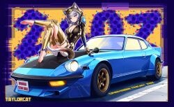 1girl :3 absurdres animal_ear_fluff animal_ears animal_hood arm_support artist_name barefoot blue_car blue_eyes breasts car cat_ears cat_girl cat_hood cat_tail character_name cipher_(honkai:_star_rail) cleavage commentary copyright_name crossed_legs datsun datsun_240z ears_through_headwear fang feet gold_trim grey_hair greyscale head_tilt headlight_beam highres honkai:_star_rail honkai_(series) hood hood_up hooded_jacket hoodie inset_border jacket knee_up large_breasts leg_up long_sleeves monochrome motor_vehicle nissan_fairlady_z on_car procreate_(medium) purple_background reflective_surface road short_hair sitting smile soles tail taylorcat thigh_strap toes vehicle_name yellow_background