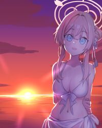 Rule 34 | 1girl, absurdres, bare shoulders, bikini, blue archive, blue eyes, blush, breasts, cleavage, cloud, cloudy sky, collarbone, commentary, front-tie bikini top, front-tie top, hair bun, hair ornament, halo, highres, large breasts, long hair, looking at viewer, mimori (blue archive), mimori (swimsuit) (blue archive), navel, neophyte, open mouth, outdoors, pink hair, pink halo, sarong, single side bun, sky, smile, stomach, sunset, swimsuit, tassel, tassel hair ornament, white bikini, white sarong