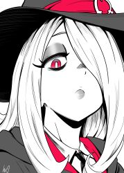 Rule 34 | 1girl, :&lt;, absurdres, bags under eyes, closed mouth, collared shirt, commentary, english commentary, eyelashes, greyscale, hair over one eye, hat, highres, little witch academia, long hair, looking at viewer, lughost, luna nova school uniform, monochrome, necktie, one eye covered, portrait, red eyes, school uniform, shirt, signature, solo, spot color, sucy manbavaran, witch hat