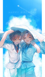 2boys absurdres ahoge arm_around_neck arm_up axis_powers_hetalia belt black_belt black_shirt blue_jacket blue_necktie blue_pants blue_sky blush border breast_pocket brothers brown_hair closed_eyes cloud cloudy_sky collared_shirt cowboy_shot day fingernails flag hair_between_eyes happy highres holding holding_flag jacket lapels long_sleeves male_focus military_jacket multiple_boys necktie northern_italy_(hetalia) open_mouth orange_hair outdoors outside_border pants pocket puffy_long_sleeves puffy_sleeves red_necktie shirt short_hair siblings sky sleeves_rolled_up smile southern_italy_(hetalia) standing teeth twins user_hspu2242 white_border white_flag white_jacket white_pants