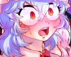 Rule 34 | 1girl, blue hair, blush, carumikoto, close-up, collared shirt, commentary request, constricted pupils, eyelashes, fang, frilled shirt collar, frills, hat, lips, medium hair, nose blush, open mouth, pink hat, pink shirt, red eyes, remilia scarlet, shirt, slit pupils, solo, surprised, sweatdrop, teeth, tongue, touhou, trembling, upper teeth only, v-shaped eyebrows, wide-eyed