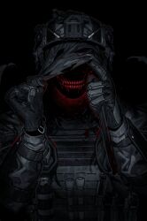 Rule 34 | 1boy, absurdres, ammunition, arm guards, arms up, black background, blood, blood from mouth, body horror, bulletproof vest, call of duty, call of duty: modern warfare 2, explosive, gloves, grenade, grin, hallot, helmet, highres, jacket, konig (call of duty), long sleeves, male focus, mask, mask lift, redrawn, simple background, smile, solo, straight-on, tactical clothes, teeth, torn clothes, torn mask, upper body
