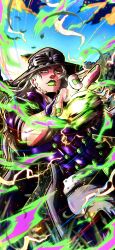 1boy absurdres aura beard belt blonde_hair cape electricity facial_hair goggles goggles_on_headwear green_ball green_eyes green_lips green_nails grey_cape grey_hat grey_pants gyro_zeppeli hat highres jojo_no_kimyou_na_bouken jojo_pose long_hair looking_at_viewer makeup male_focus nail_polish noonvincent outdoors pants parted_lips purple_shirt shirt short_sleeves solo spinning steel_ball_(jojo) steel_ball_run teeth white_belt