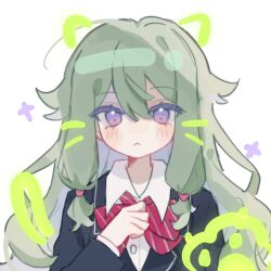 1girl :&lt; black_jacket blush bow bowtie buttons chinese_commentary closed_mouth collared_shirt commentary_request diagonal-striped_bow diagonal-striped_bowtie diagonal-striped_clothes diamond_(shape) diamond_in_eye double-parted_bangs drawn_ears drawn_tail drawn_whiskers green_hair hair_between_eyes hair_tie hand_on_own_chest hand_up jacket kamiyama_high_school_uniform_(project_sekai) kusanagi_nene layered_sleeves long_hair long_sleeves looking_at_viewer low-tied_sidelocks no_nose project_sekai purple_eyes red_bow red_bowtie school_uniform shirt sidelocks simple_background solo sparkle straight-on striped_clothes upper_body white_background white_shirt zora009057