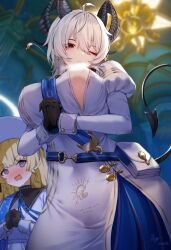 Rule 34 | 2girls, absurdres, ahoge, alternate costume, black collar, black gloves, black horns, black tail, blonde hair, blue sash, blurry, blurry background, blush, breasts, collar, commentary, covered navel, curled horns, demon tail, dress, earrings, from below, gloves, grey hair, hair between eyes, hat, highres, horns, indoors, jewelry, key earrings, large breasts, light censor, long hair, long sleeves, looking at another, looking at viewer, mole, mole under eye, multiple girls, one eye closed, open mouth, own hands clasped, own hands together, parted lips, phoebe (wuthering waves), purple eyes, red eyes, sash, shirt, solo focus, suraimuvmv, sweat, symbol-only commentary, tail, wardrobe malfunction, white dress, white hat, white shirt, wuthering waves, zani (wuthering waves)