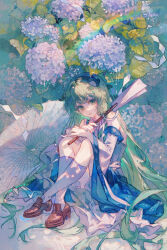 1girl bad_source bare_shoulders blue_dress crossed_legs dot_nose dress flower frog_hair_ornament full_body gohei green_eyes green_hair hair_ornament highres holding holding_gohei hydrangea kochiya_sanae loafers long_hair looking_at_viewer maccha_(mochancc) open_mouth plant rainbow shadow shoes sitting smile socks solo touhou very_long_hair