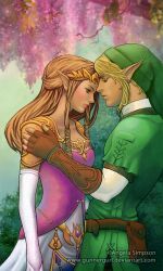 Rule 34 | 1boy, 1girl, arm at side, blonde hair, brown gloves, brown hair, closed mouth, couple, day, dress, earrings, elbow gloves, elf, fingerless gloves, forest, gloves, green shirt, gunnergurl, half-closed eyes, head down, hetero, jewelry, link, lips, lipstick, long hair, looking at another, makeup, nature, neck, nintendo, non-web source, outdoors, pointy ears, princess zelda, purple dress, red lips, shirt, short hair, the legend of zelda, the legend of zelda: twilight princess, tree, white gloves