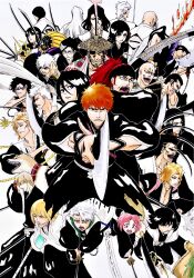 Rule 34 | 6+boys, 6+girls, :d, abarai renji, alpen no koyari, ashisogi jizou (shikai), ayasegawa yumichika, badge, bald, black hair, black headband, black kimono, bleach, bleach: sennen kessen-hen, blonde hair, blue eyes, blunt bangs, blush stickers, bob cut, breasts, brown eyes, brown hair, cleavage, closed mouth, colored teeth, commentary request, dog boy, everyone, eyebrows hidden by hair, eyepatch, facial hair, facial mark, father and daughter, feet out of frame, floating hair, foreshortening, frown, fukutaichou badge, gegetsuburi (shikai), glasses, green eyes, grin, haineko (shikai), hair between eyes, haori, headband, highres, hinamori momo, hirako shinji, hisagi shuuhei, hitsugaya toushirou, holding, holding sword, holding weapon, houzukimaru (shikai), iba tetsuzaemon, incoming attack, ise nanao, itegumo (shikai), japanese clothes, jewelry, katana, kazeshini (shikai), kimono, kinshara (shikai), kira izuru, komamura sajin, kotetsu isane, kubo tite (style), kuchiki byakuya, kuchiki rukia, kurosaki ichigo, kurotsuchi mayuri, kurotsuchi nemu, kusajishi yachiru, kyouraku shunsui, large breasts, long hair, long sleeves, looking ahead, looking at viewer, madarame ikkaku, matsumoto rangiku, mature male, medium hair, mohawk, mole, mole under mouth, muguruma kensei, multiple boys, multiple girls, mustache, necklace, nose, official style, one eye covered, oomaeda marechiyo, ootoribashi roujuurou, open mouth, orange hair, parted bangs, parted lips, pink hair, ponytail, profile, red eyes, red hair, ryuujin jakka (shikai), sakanade (shikai), sasakibe choujirou, scar, scar on face, senbonzakura (shikai), serious, sharp teeth, shikai, shinken hakkyouken, short hair, simple background, smile, sode no shirayuki (shikai), spiked hair, standing, straight hair, sui-feng, sunglasses, sunken cheeks, suzumebachi (shikai), sword, taichou haori, teeth, tobiume (shikai), ukitake juushirou, unohana retsu, v-shaped eyebrows, wabisuke (shikai), weapon, white background, white hair, white haori, wide sleeves, yamamoto-genryuusai shigekuni, yellow teeth, zabimaru (shikai), zangetsu (shikai), zanpakutou, zaraki kenpachi