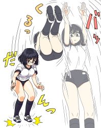 1girl :&lt; afterimage arms_up backflip black_socks buruma glasses gym_uniform highres kneehighs maruput original short_hair socks white_background