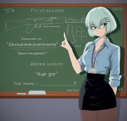 1girl alternate_language aqua_eyes aqua_hair blue_shirt breasts chalkboard collared_shirt commentary cowboy_shot dated drawing_(object) english_commentary english_text gun hair_ornament hairclip highres id_card indoors lanyard large_breasts looking_to_the_side magazine_(weapon) marie_(peripeteia) official_alternate_costume open_collar pantyhose partially_translated pencil_skirt peripeteia pointing pointing_up polish_text rifle shadow shirt short_hair signature skirt sleeves_rolled_up solo spacetriggah tetromino text_focus translation_request typo weapon weapon_request