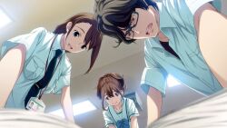 1boy 2girls aqua_eyes arm_support bent_over black_hair black_shirt blue_bow blue_necktie blue_stripes blurry blurry_foreground book bow breast_pocket breasts brown_eyes brown_hair ceiling ceiling_light chest_bow chuo_tanegashima_high_school_uniform collared_shirt cropped_shirt from_below fukuda_tomonori game_cg glasses green_eyes hair_between_eyes hair_tie hidaka_subaru high_ponytail highres id_card indoors jaxa lanyard long_hair looking_down multiple_girls necktie nervous nervous_sweating non-web_source official_art open_collar open_mouth pocket ponytail ponytail_with_braided_base robotics;notes sailor_collar school_uniform senomiya_akiho shiny_eyes shiny_lips shirt short_hair short_sleeves shoulder_boards small_breasts smile sweat t-shirt tennouji_nae tennouji_nae_(robotics;notes) tongue twintails white_sailor_collar white_shirt