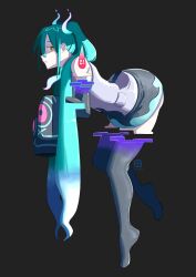 1girl aqua_hair arched_back artist_logo automatic_giraffe bare_shoulders black_background black_skirt closed_mouth detached_sleeves from_side full_body ghost ghost_miku_(project_voltage) gradient_hair grey_shirt grey_thighhighs hatsune_miku highres hitodama hitodama_print leaning_forward logo long_hair long_sleeves miniskirt multicolored_hair nintendo pale_skin pokemon print_sleeves profile project_voltage shirt skirt sleeveless sleeveless_shirt sleeves_past_fingers sleeves_past_wrists solo standing standing_on_one_leg thighhighs thighs twintails very_long_hair vocaloid yellow_eyes