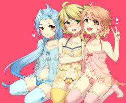Rule 34 | 3boys, akagi kurage, babydoll, blonde hair, blue hair, brown eyes, bulge, choker, crossdressing, green eyes, highres, lingerie, long hair, male focus, multiple boys, panties, pink hair, red eyes, short hair, smile, thighhighs, trap, underwear
