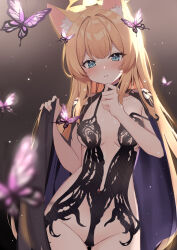 1girl absurdres animal_ear_fluff animal_ears black_cape black_dress blue_archive blue_eyes blush breasts bug butterfly cape cat_ears dress flower hair_between_eyes hair_flower hair_ornament halo highres insect long_hair looking_at_viewer mari_(blue_archive) orange_hair parted_lips revealing_clothes rinringyo solo standing white_flower yellow_halo