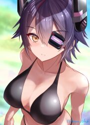 1girl beach bikini blurry blurry_background blush breasts collarbone dangan_kurabu day eyepatch headgear highres kantai_collection large_breasts looking_at_viewer outdoors purple_hair short_hair smile solo swimsuit tenryuu_(kancolle) twitter_username upper_body