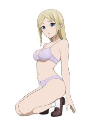 1girl absurdres blonde_hair blue_eyes bra breasts brown_shoes coro_fae grey_bra grey_panties hayasaka_ai highres kaguya-sama_wa_kokurasetai_~tensai-tachi_no_renai_zunousen~ large_breasts open_mouth panties shoes simple_background socks solo underwear white_background white_socks
