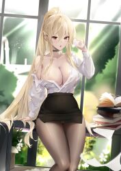 1girl absurdres areola_slip azur_lane black_choker black_pantyhose blonde_hair book book_stack breasts choker cleavage cup desk hair_between_eyes hand_up high-waist_skirt highres holding holding_cup implacable_(azur_lane) implacable_(shepherd_of_the_&quot;lost&quot;)_(azur_lane) jiuxiaocan_yin large_breasts long_hair no_bra office_lady official_alternate_costume on_desk panties panties_under_pantyhose pantyhose pantyshot partially_unbuttoned pencil_skirt ponytail pouring pouring_onto_self shirt_slip shirt_tucked_in sitting skirt underwear