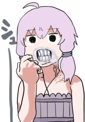 1girl ahoge angry bare_shoulders black_eyes clenched_teeth commentary dress empty_eyes furrowed_brow grey_dress grimace halter_dress halterneck hand_up highres looking_at_viewer mad_max mad_max:_fury_road mashima_jirou parody purple_hair ribbed_dress seyanaa short_hair_with_long_locks simple_background solo spray_paint spraying teeth upper_body veins vocaloid voiceroid white_background wide-eyed yuzuki_yukari