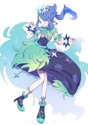 1girl animal_ears blue_eyes blush boots bow cosplay crown crystal dress earrings eyelashes full_body gem green_eyes hair_bun hair_ornament highres jewelry liko_(pokemon) long_hair looking_at_viewer magical_girl nintendo open_mouth pokemon pokemon_(anime) pokemon_horizons ponytail precure reference_sheet ribbon seiun_(hoshigumo_72) skirt sprigatito terapagos terapagos_(stellar) unofficial_precure_costume