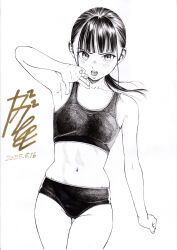 1girl breasts commentary_request gagaimo greyscale highres long_hair looking_at_viewer monochrome navel open_mouth original ponytail small_breasts solo sports_bikini thigh_gap