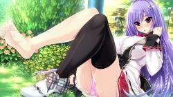 ahoge bench blush braid breasts bush flower game_cg grass hair_ornament heart heart_hair_ornament highres kokorone=pendulum! large_breasts legs_up long_hair oshiki_hitoshi panties pink_panties purple_eyes purple_hair shiny_skin shoes single_braid single_shoe single_thighhigh tatewaki_chihaya thighhighs underwear