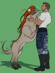 1boy beard_stubble black_footwear boots brown_hair camouflage camouflage_pants creature facial_hair fangs green_background hair_behind_ear heart highres mass_effect_(series) nateyou notice_lines pants parted_lips petting shadow shirt smile stubble tail tail_wagging varren white_shirt yellow_eyes