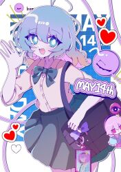 1girl :d ahoge alternate_costume bag bag_charm blue_background blush border bow bowtie bright_pupils buttons cardigan character_charm character_doll charm_(object) fumo_(doll) green_bow green_bowtie green_eyes green_hair green_skirt grid_background heart highres koishi_day komeiji_koishi komeiji_satori looking_at_viewer mint_onyo notice_lines open_mouth outline school_bag school_uniform skirt sleeves_rolled_up smile third_eye touhou waving white_border white_cardigan white_outline white_pupils