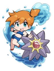Rule 34 | 1girl, :d, aqua eyes, asymmetrical hair, bike shorts, bikini, blue bikini, blue bra, blue shorts, blue sports bra, blush, bra, breasts, chibi, eyelashes, gen 1 pokemon, green eyes, hair tie, highres, looking at viewer, misty (pokemon), navel, nintendo, open mouth, orange hair, outstretched arms, pokemon, pokemon frlg, ponytail, shoes, short hair, shorts, side ponytail, smile, solo, sports bra, sportswear, starmie, swimsuit, teeth, tongue, underwear, upper teeth only, water, wristband