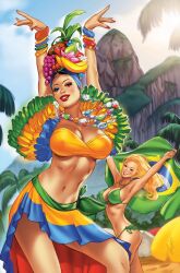 2girls arms_up banana bandeau bikini blonde_hair bracelet brazilian_flag breasts day earrings elias_chatzoudis flag food fruit fruit_hat grapes green_bikini hat highres holding holding_flag jewelry large_breasts long_hair looking_at_viewer multicolored_skirt multiple_girls navel necklace original outdoors red_lips side-tie_bikini_bottom skirt strawberry swimsuit yellow_bandeau