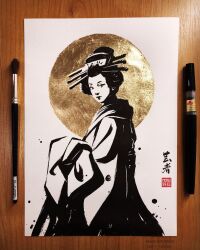 Rule 34 | 1girl, circle, closed mouth, commentary, english commentary, geisha, greyscale with colored background, hair ornament, highres, inktober, japanese clothes, kanzashi, kimono, nogisanart, original, paintbrush, solo, traditional media
