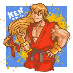 Rule 34 | 1boy, bare pectorals, blush, border, brown eyes, character name, closed mouth, collarbone, commentary request, cropped legs, dougi, fingerless gloves, floating hair, forked eyebrows, gloves, hair ribbon, hand on own hip, ken masters, kurononekojyo, long hair, looking to the side, male focus, mma gloves, pants, pectorals, red dougi, red pants, red ribbon, ribbon, sideways glance, smile, solo, street fighter, street fighter zero (series), torn clothes, torn sleeves, very long hair, white border, yellow gloves