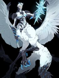 1boy alternate_form arm_up black_background chimera chinese_commentary colored_skin commentary commentary_request cryokinesis devil_may_cry_(series) devil_may_cry_5 english_commentary feathered_wings full_body highres horns male_focus mixed-language_commentary monster_boy monsterification navel parted_lips pectorals perfectparalle scales solo tail talons teeth vergil_(devil_may_cry) very_long_tail white_hair white_skin white_wings wings