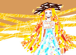 Rule 34 | 1girl, arms at sides, bare arms, bare shoulders, black eyes, blonde hair, blue dress, blunt bangs, blunt ends, blush, brown hat, cathinthecloud, commentary, cowboy shot, crop top, dress, dress under shirt, english commentary, expressionless, hat, highres, long hair, looking at viewer, masking tape (medium), mixed media, multicolored hair, orange background, orange hair, original, red hair, shirt, solo, star (symbol), straight-on, striped clothes, striped dress, traditional media, two-tone background, unconventional media, vertical-striped clothes, vertical-striped dress, very long hair, white background, white dress, white shirt, wide brim
