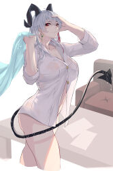 1girl absurdres black_horns black_tail bottomless breasts closed_mouth collarbone commentary_request curled_horns demon_tail earrings hand_on_own_head highres holding holding_towel horns jewelry key_earrings kiraboshi_(kiraboshi-1025) large_breasts long_hair looking_at_viewer multicolored_hair navel red_eyes shirt smile solo stomach streaked_hair tail towel wet wet_clothes wet_shirt wet_tail white_shirt wuthering_waves zani_(wuthering_waves)
