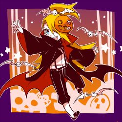 1boy :d blonde_hair blue_eyes border closed_mouth deidara_(naruto) fang full_body hair_over_one_eye halloween halloween_costume lowres male_focus mask naruto_(series) naruto_shippuuden open_mouth orange_background ponytail purple_border skin_fang smile solo yosakuh