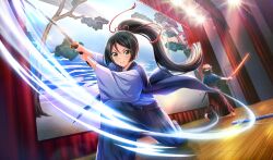 2girls attack_trail barefoot black_hair blue_hakama blue_kimono brown_hair brown_hakama cinderella_series closed_mouth curtains dutch_angle floating_hair game_cg green_eyes hachigatsu_no_cinderella_nine hair_ribbon hakama high_ponytail highres holding holding_sword holding_weapon japanese_clothes kakehashi_momoko kimono long_hair multiple_girls non-web_source official_art on_one_knee ponytail red_ribbon ribbon short_hair socks solo_focus stage stage_lights standing sword tsukahara_shizuku v-shaped_eyebrows weapon white_kimono white_socks wooden_floor
