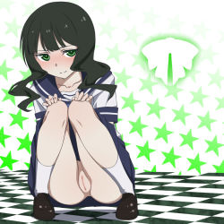 10s 1girl annosada black_hair black_rock_shooter blush checkered_floor female_focus green_eyes hands_on_own_knees long_hair no_panties pussy school_uniform serafuku shoes skirt smile socks solo squatting star_(symbol) takanashi_yomi uncensored upskirt