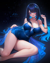 1girl absurdres anna_o_renko black_hair blue_dress blue_eyes blue_hair blue_nails blush breasts colored_inner_hair commentary dark_background dress english_commentary hair_ornament highres large_breasts lips looking_at_viewer lying multicolored_hair neck_tattoo on_side original solo tattoo twitter_username two-tone_hair