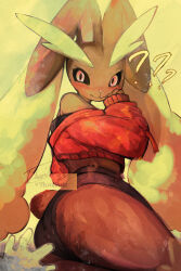 1girl ? ?? animal_nose artist_name ass bare_shoulders black_sclera black_shorts black_sports_bra blush body_fur brown_fur colored_sclera cropped_jacket dated disembodied_hand female_focus from_behind furry furry_female gen_4_pokemon hand_up high-waist_shorts jacket long_animal_ears long_sleeves looking_at_viewer looking_back lopunny micro_shorts nintendo off_shoulder pokemon pokemon_(creature) pov rabbit_ears rabbit_girl rabbit_tail red_eyes red_jacket short_tail shorts signature skindentation solo_focus sports_bra surprised tail thick_thighs thighs thwillartz twitter_username two-tone_fur yellow_background yellow_fur