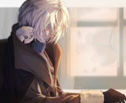 1boy animal animal_on_shoulder bird bird_on_shoulder black_gloves blurry blurry_background brown_coat coat from_side fujji_771 gloves highres indoors male_focus profile reverse:1999 short_hair solo tit_(bird) upper_body white_hair window zima_(reverse:1999)
