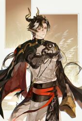 1boy arknights bead_necklace beads black_skin brown_coat brown_hair chinese_clothes chongyue_(arknights) chunbuchou coat coat_on_shoulders colored_skin earrings jewelry looking_at_viewer low_ponytail multicolored_hair necklace pants pointy_ears ponytail red_eyes solo streaked_hair tail wheat white_pants
