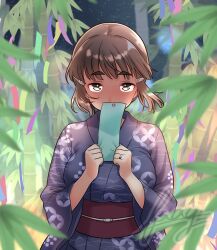 1girl absurdres artist_name bikini blush breasts brown_eyes brown_hair closed_mouth commentary_request full-face_blush furaggu_(frag_0416) hair_ornament hairclip highres holding holding_tanzaku japanese_clothes kantai_collection kimono large_breasts leaf looking_at_viewer myoukou_(kancolle) night night_sky outdoors print_bikini purple_kimono short_hair sky solo standing swimsuit tanabata tanzaku watermark yukata