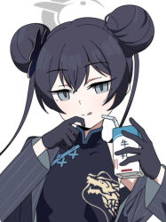 Rule 34 | 1girl, bendy straw, black dress, black gloves, black hair, black jacket, blue archive, china dress, chinese clothes, closed mouth, double bun, dress, drinking straw, gloves, grey eyes, hair between eyes, hair bun, halo, holding, jacket, kisaki (blue archive), licking lips, long hair, long sleeves, nyaru (nyaru 4126), open clothes, open jacket, pinstripe jacket, pinstripe pattern, simple background, sleeveless, sleeveless dress, solo, tongue, tongue out, twintails, upper body, white background