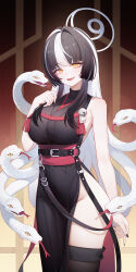 1girl absurdres azami_(blue_archive) bare_shoulders black_dress black_hair black_nails black_thighhighs blue_archive breasts commentary cowboy_shot dress eyeshadow fingernails groin halo highres jianshu large_breasts long_hair looking_at_viewer makeup mole mole_under_mouth multicolored_hair no_panties open_mouth red_eyeshadow side_slit sleeveless sleeveless_dress smile snake solo thighhighs thighs two-tone_hair very_long_hair white_hair white_snake yellow_eyes