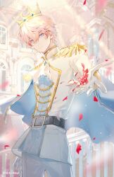 1boy absurdres ahoge arm_at_side ascot beckoning belt belt_buckle black_belt blue_capelet blue_eyes blue_gemstone blue_jacket blurry blurry_background brooch buckle buttons byuey capelet chinese_commentary closed_mouth copyright_notice cowboy_shot crown double-breasted earrings epaulettes falling_petals gem gloves hair_between_eyes hand_up highres holding holding_petal indoors jacket jewelry long_sleeves looking_at_viewer male_focus multicolored_jacket nijisanji palace pants petals pillar pink_hair roi_(virtuareal) rose_petals shirt short_hair side_cape single_earring smile solo stairs standing two-tone_jacket virtual_youtuber virtuareal white_ascot white_gloves white_jacket white_pants white_shirt window