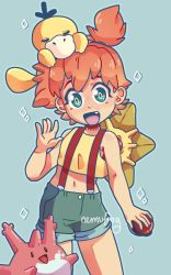 1girl armpits asymmetrical_hair breasts corsola creatures_(company) denim denim_shorts game_freak gen_1_pokemon gen_2_pokemon green_eyes green_shorts holding holding_poke_ball misty_(pokemon) nintendo pikkupuffin poke_ball pokemon pokemon_(anime) pokemon_(classic_anime) ponytail psyduck shirt shoes short_hair short_shorts shorts side_ponytail solo staryu suspender_shorts suspenders tank_top yellow_shirt