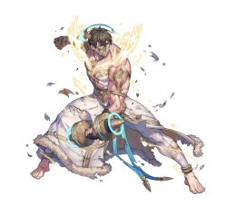 Rule 34 | 1boy, abs, barefoot, battle damage, biceps, body markings, brown eyes, brown hair, collarbone, damaged, dumbbell, eikthyrnir (fire emblem), eikthyrnir (resolved to train) (fire emblem), fingerless gloves, fire emblem, fire emblem heroes, full body, gloves, golden arms, headdress, holding, holding dumbbell, large pectorals, male focus, mask, mouth mask, muscular, muscular male, nintendo, nishiki areku, official alternate costume, official art, pants, pectorals, short hair, simple background, solo, toga, torn clothes, white background, white pants