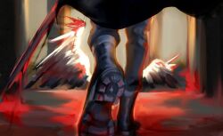 Rule 34 | 2others, black cape, blood, blood drip, blood on clothes, bloody wings, boots, broken window, cape, combat boots, feathered wings, feet, foot focus, from below, holding, holding sword, holding weapon, imminent attack, kim dokja, macaronijail, multiple others, omniscient reader&#039;s viewpoint, pool of blood, sword, walking, weapon, white wings, wings, yoo joonghyuk