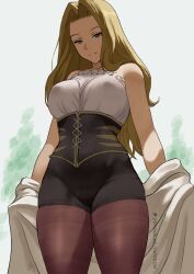 1girl black_corset blonde_hair blue_eyes breasts closed_mouth commentary corset covered_erect_nipples highres large_breasts long_hair looking_down methode_(sousou_no_frieren) pantyhose parted_bangs shirt sleeveless sleeveless_shirt smile sousou_no_frieren strapless strapless_shirt white_shirt zefrableu